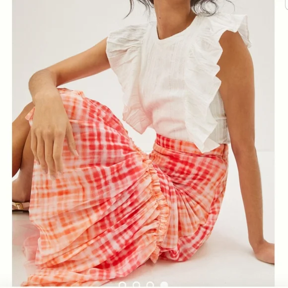 Anthropologie Eva Franco Flounced Orange Pink White Midi Skirt - Picture 3 of 14